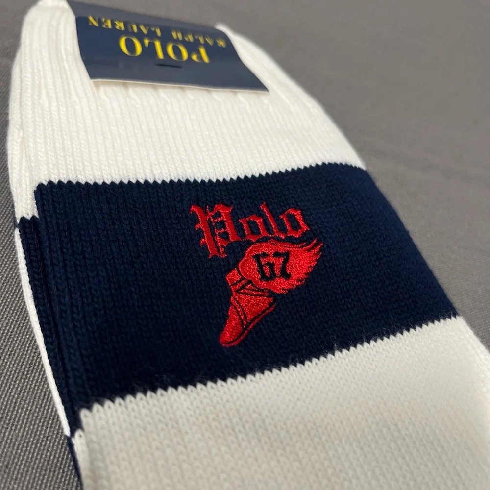 POLO 67 Ralph Lauren Socks Men 10-13 White Navy Logo Loafer Classic Preppy